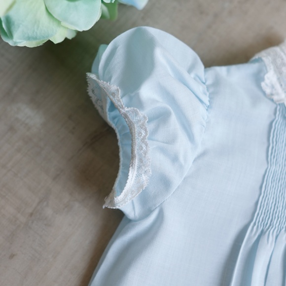RARE Blue Heirloom Dress & Slip Newborn to 3 Month Feltman Brothers Vintage Lace - Picture 2 of 10